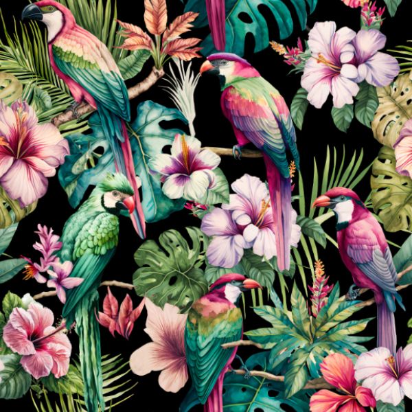 Dizajnersko eko usnje (skaj) z vzorcem - tropske papige črna 700g