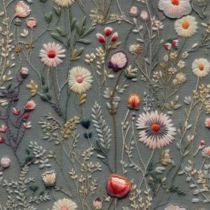 Poliesterski gabarden/rongo vezene divje rože tisk siva Antonia